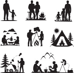 Family Camping Activities Silhouette Icons Set