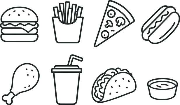 Naklejki Fast food icons set – outline, dining and restaurant symbols collection
