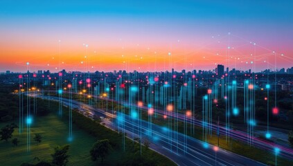 City skyline at twilight, overlaid with digital data streams.  Highway and parkland visible below
