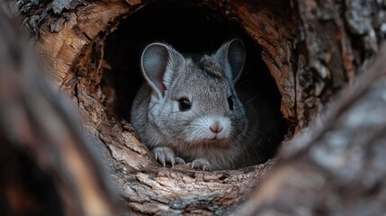 Close-up of a small chinchilla peeking out of a hole in a tree trunk. the chinchillas are grey in color and have a round face with small ears and a bushy tail.