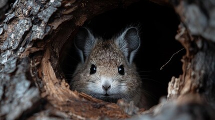 Close-up of a small rodent peeking out of a hole in a tree trunk. the rodent appears to be a pika, with light brown fur and dark eyes. it is looking directly at the camera with a curious expression.