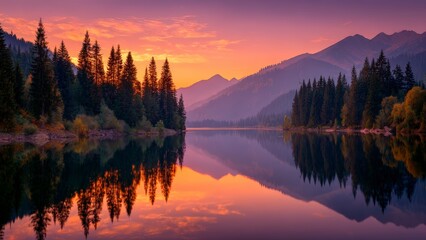 Fototapeta premium Radiant Twilight Over Forested Lake