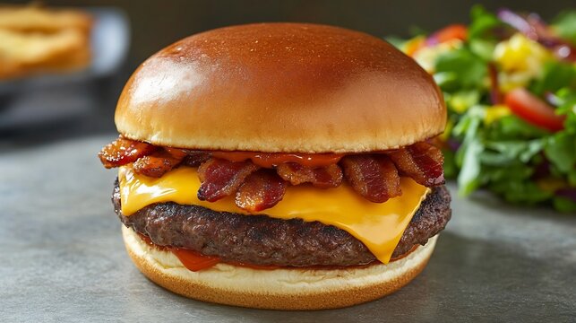 A beautifully arranged gourmet fast food spread featuring a signature Burger Haven bacon cheeseburger and a vibrant salad overlay cut out on isolated transparent removed background - Powered by Adobe