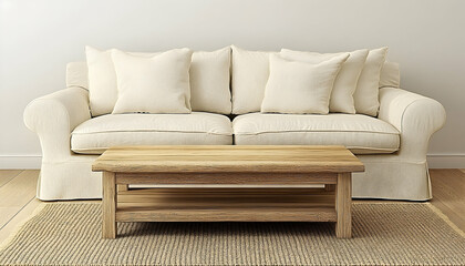 Fototapeta premium Beige sofa and light wooden coffee table in living room interior