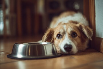 A beautiful dog looks at the camera while resting beside its empty bowl, hoping for food.