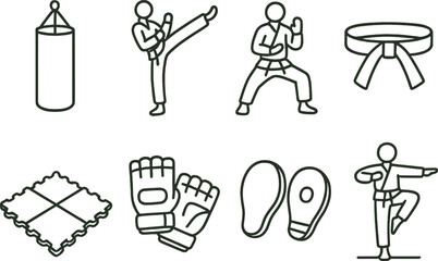Martial arts outline icons set &ndash; silhouette, combat and fighting sport symbols