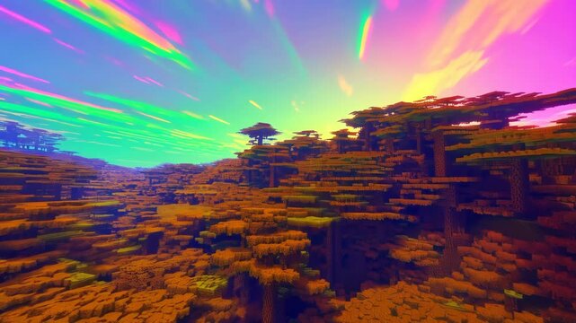 Psychedelic voxel forest at sunset with neon skies and surreal glows