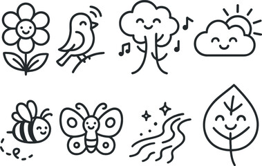 Fototapeta premium Joyful nature silhouette icons set – simple, cheerful, happy outdoor symbols