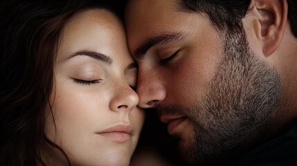 Couple embraces intimately with closed eyes and touching faces in a close-up portrait showing serene affection.