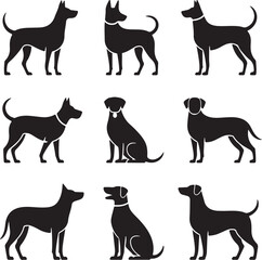 Nine Black Silhouettes of Dogs in Various Poses