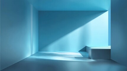 Fototapeta premium Panoramic abstract blue background with sunlight and blurred wall shadows, winter theme.