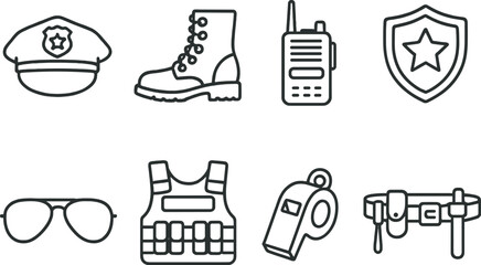 Police gear outline icons set – silhouette, law enforcement and security symbols