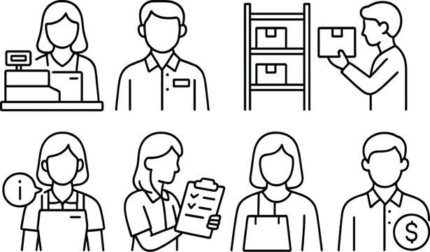 Retail job icons set in outline style – workplace, commerce and employee visuals