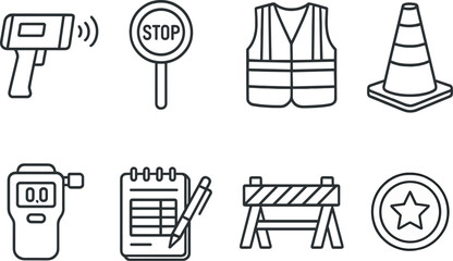 Traffic police equipment silhouette icons set – safety, enforcement, road control symbols