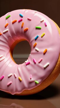Pink frosted donut with sprinkles on a brown background  