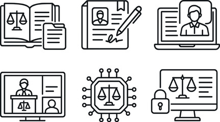Justice and legal silhouette icons set – court, digital law and legal symbols