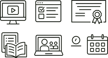E-learning outline icons set – linear education, online training symbols