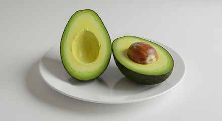 Sliced Avocado halves with seed on a white plate studio shot