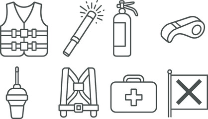 Yacht safety gear outline icons set – marine, nautical and maritime safety symbols