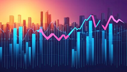 City skyline backdrop with fluctuating stock market data visualizations.  A vibrant sunset over modern city buildings with various financial indexes represented by rising and falling lines and bars