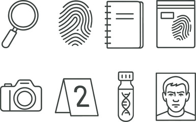 Crime investigation outline icons set – forensic, detective and mystery symbols