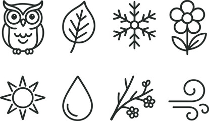 Seasonal owl outline icons set &ndash; nature, simple and seasonal theme symbols