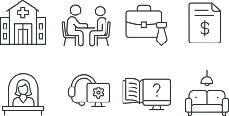 University services outline icons set – campus, education, academic resources symbols