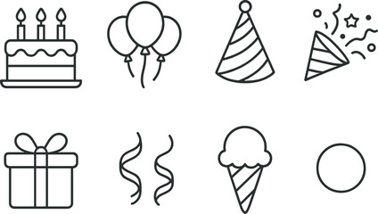 Birthday party silhouette icons set – celebration, simple and festive symbols