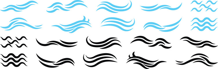 Obraz premium Art line set of Wave icon. Flat and simple wave vector. Abstract Wave beach symbol or logo design collection. Set of wavy zigzag lines. Wave Blue vector design elements. 