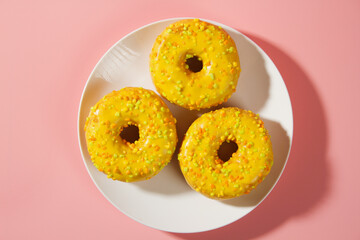 Yellow donuts on a pink background. Sweet donuts