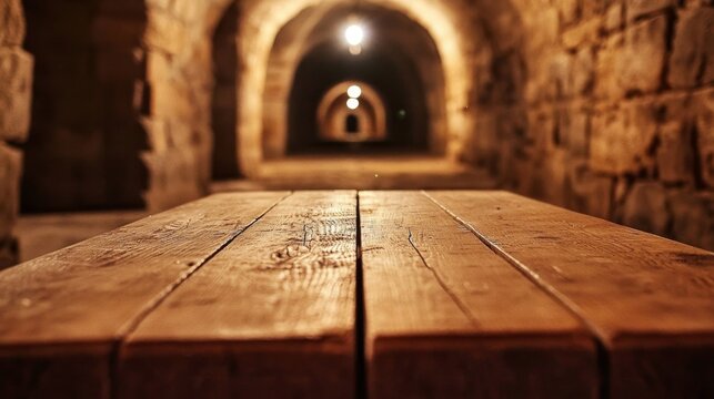A close-up view of an empty wooden table.