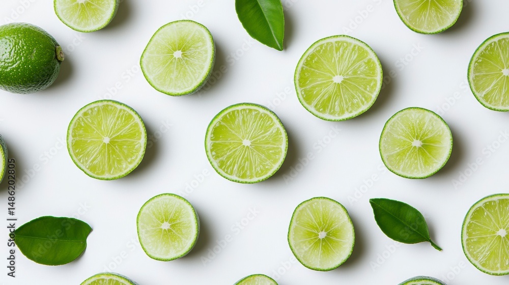 Poster flat lay of lime slices and leaves on white background.