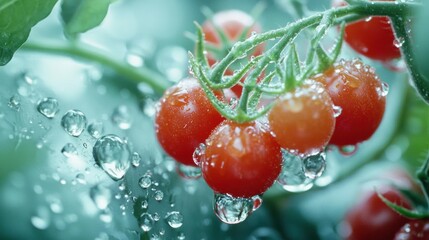 Close-up of a bunch of red tomatoes on a plant. the tomatoes are clustered together on the stem and are covered in water droplets.