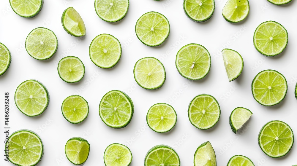 Poster Flat lay of lime slices arranged in a repeating pattern on white background.