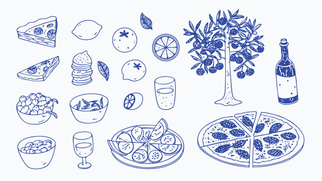 Hand drawn Italian Summer Vacation Food Set Delicious Illustrations of Pasta Pizza and Gelato - Powered by Adobe