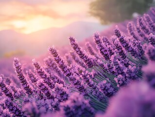 Fototapeta premium A tranquil lavender meadow under a pastel sky