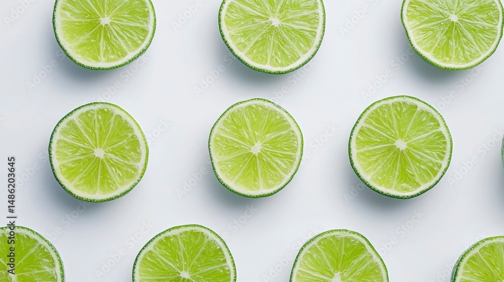 Poster Flat lay of lime slices arranged in a grid pattern on a white background.