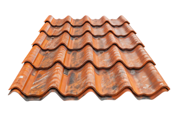 Close up of weathered orange terracotta roof tiles showing texture and pattern against black background on transparent background