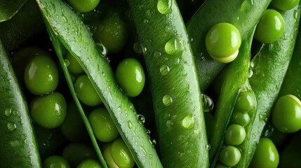 Close-up of a group of green peas. the peas are arranged in a way that they are overlapping each other. the leaves of the peas are long and slender, and they are covered in small droplets of water.