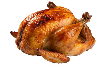 A golden brown roasted chicken with tied legs sitting against a solid black background in a studio shot on transparent background