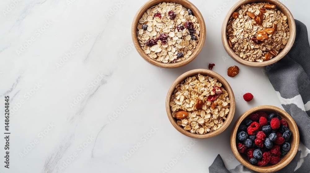 Poster four bowls of oatmeal with various toppings like berries and nuts, arranged on a marble surface.