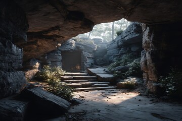 Obraz premium Steps toward an ancient rock cave