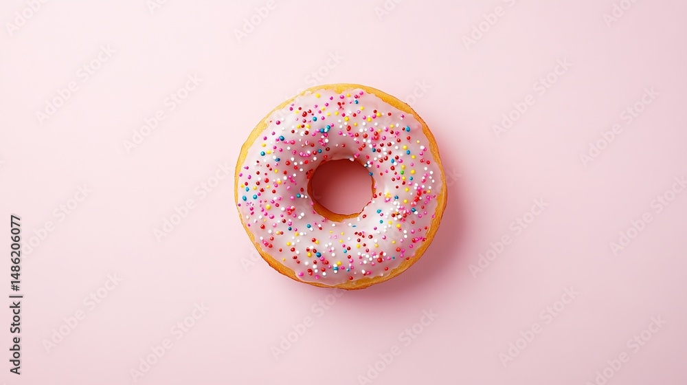 Poster donut sits centered on a solid pink background and features white frosting with multicolored sprinkl