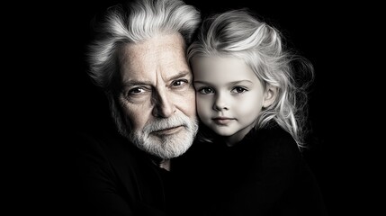 Elderly man and young girl are posing together closely against a dark background in a studio photograph.
