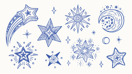 Hand drawn celestial and sparkle elements stars moons comets and glittering details perfect for whimsical designs and magical illustrations