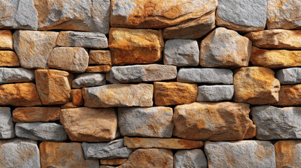 Obraz premium A rustic stone wall displays a textured pattern with brown, orange, and gray hues, creating a durable, natural, and aesthetically pleasing backdrop for designs.