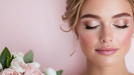 Fototapeta premium Elegant bride poses with closed eyes against a soft pink background, presenting a bouquet of delicate flowers.