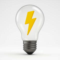 Minimalist 3D illustration of a clear light bulb containing a bright yellow lightning bolt symbol, representing power, energy, innovation, and electricity&mdash;ideal for concepts related to creativity