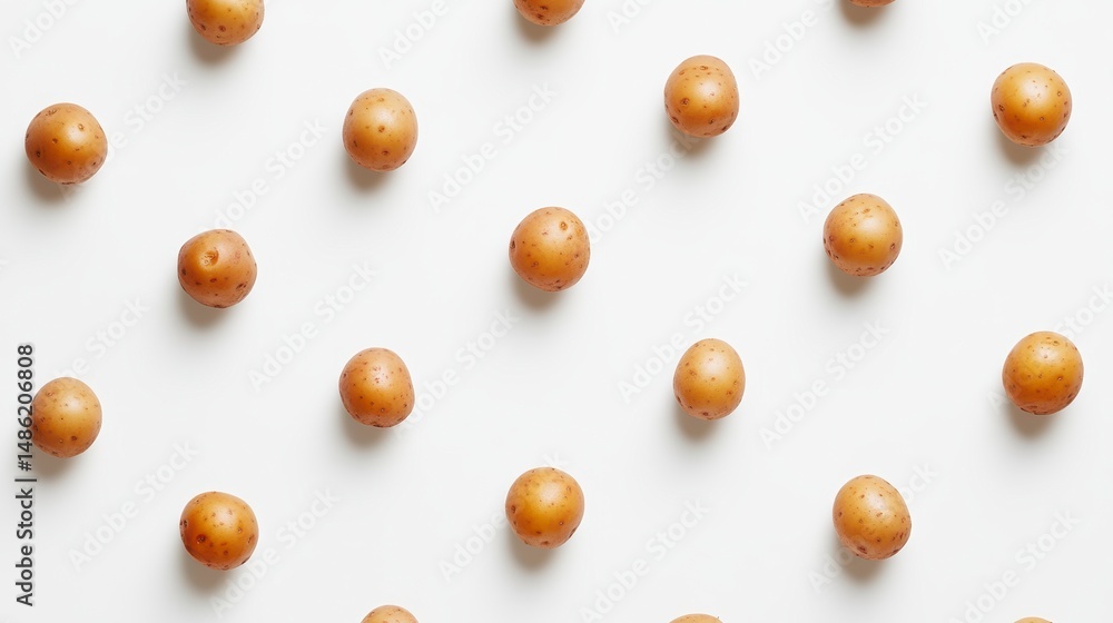 Poster repeating pattern of small, whole, raw potatoes on a white background.