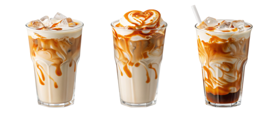 Three iced caramel macchiato drinks with whipped cream and caramel drizzle in clear glass cups standing on transparent background